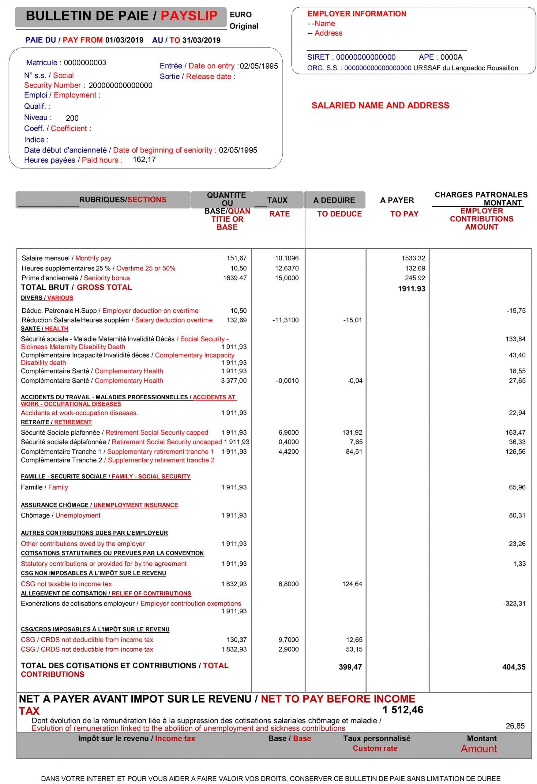 French payslip translated into English 1