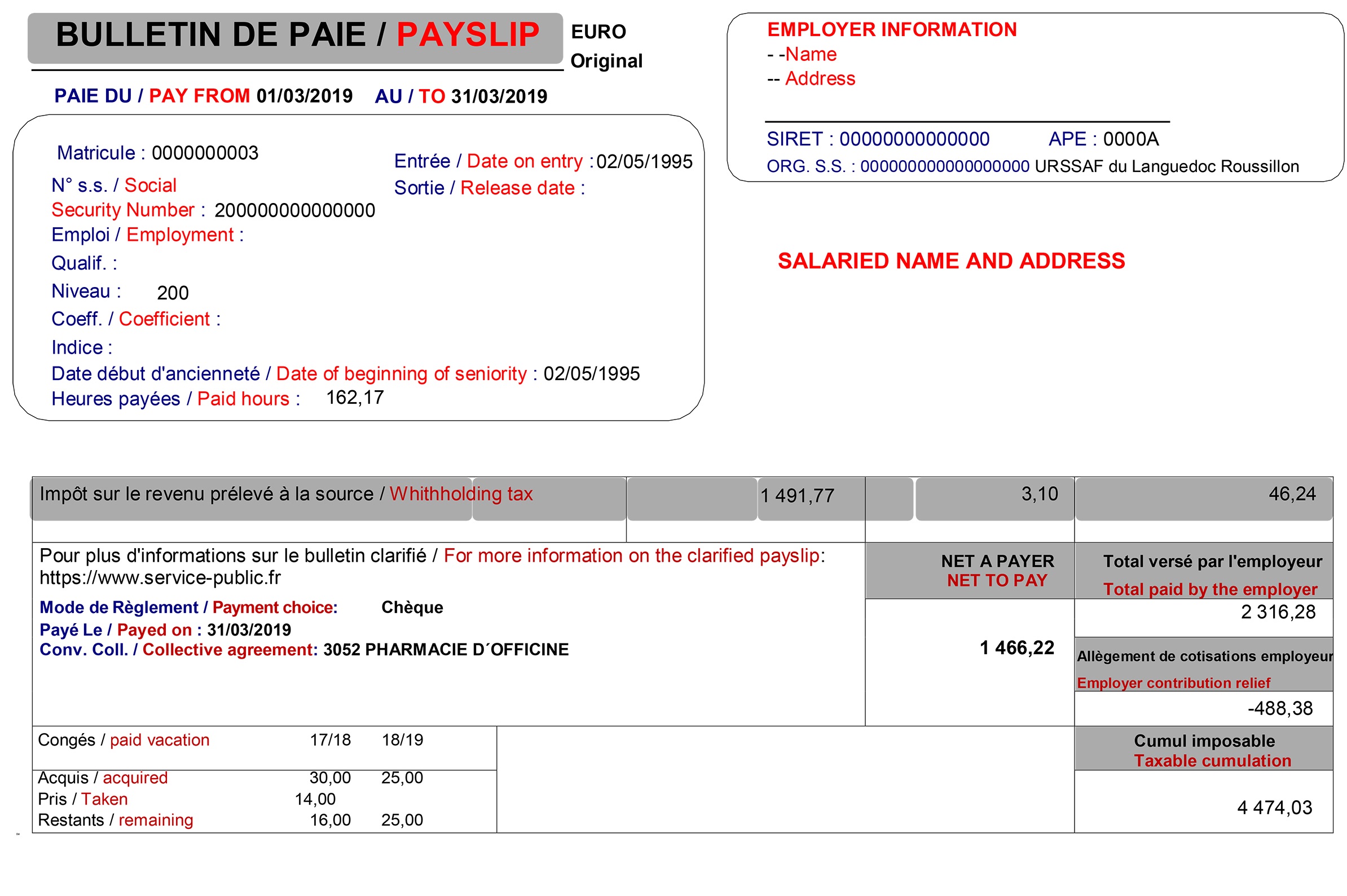 French payslip translated into English 2